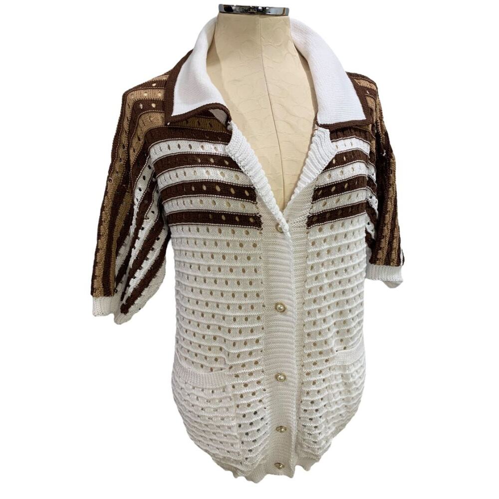 XL Vintage Womens Short Sleeve Loose Knit Collared Cardigan